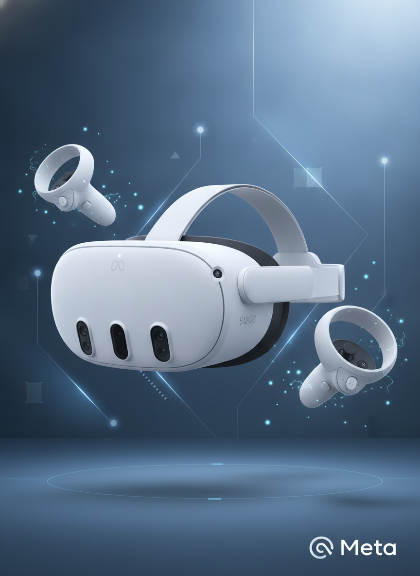 A Meta Quest 3 512GB VR Headset, shown in a professional product photograph against a backdrop of slate blue, bright white, a