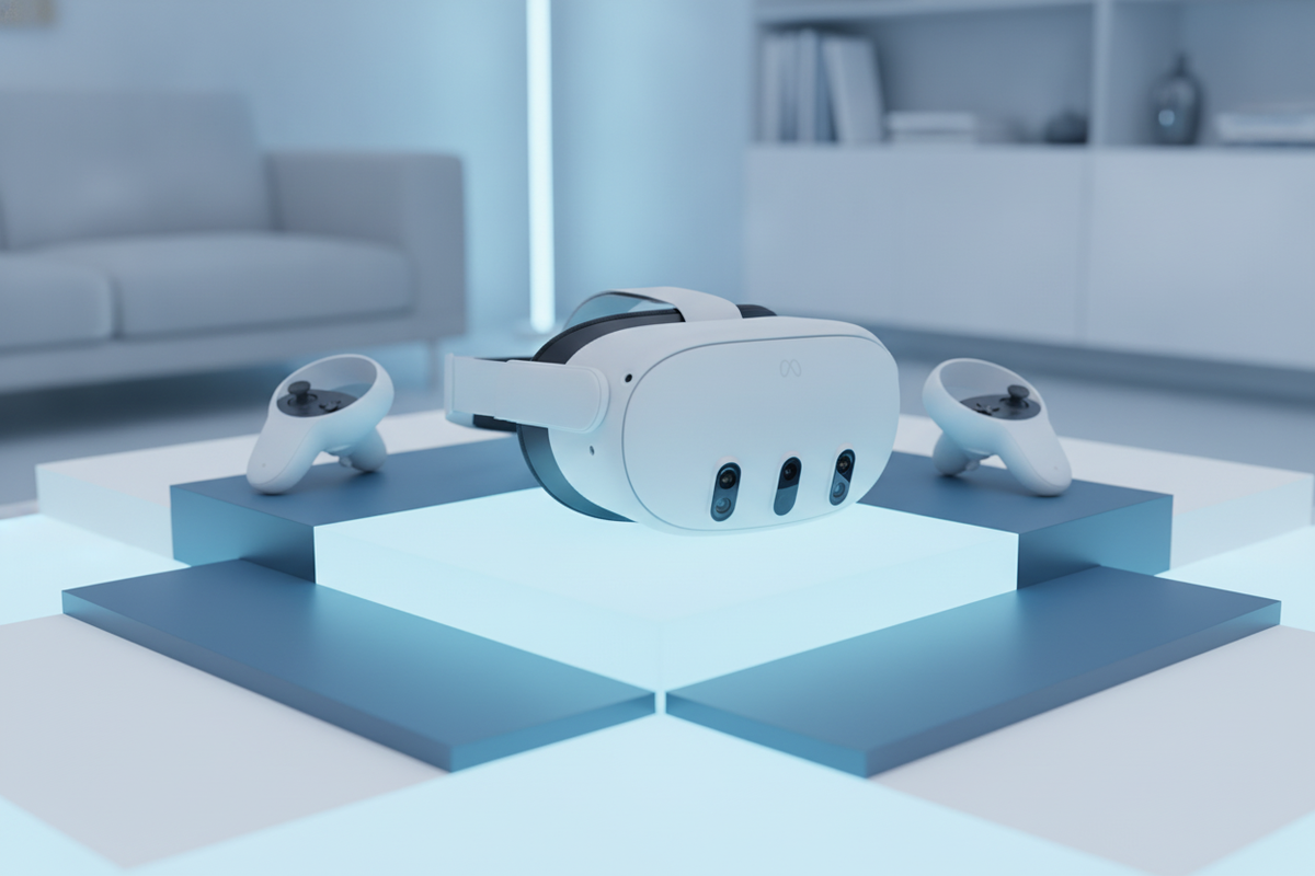 Meta Quest 3 512GB VR Headset on a white and slate blue surface with a soft sky blue glow.